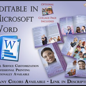 Peut inclure: Un modèle de livret commémoratif en Microsoft Word, de couleur violette et blanche. Le modèle comprend une page de collage, un hommage affectueux et une section célébrant la vie. Le modèle est modifiable dans Microsoft Word et peut être imprimé professionnellement.