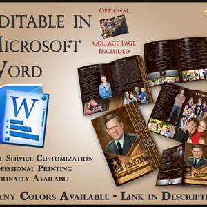 May include: A brown and gold memorial booklet with a collage page included. The booklet is editable in Microsoft Word and features a photo of a man in a military uniform. The text "Loving Memory" is printed on the cover.  Full service customization and professional printing are available.