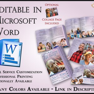 May include: A purple and white memorial booklet template for Microsoft Word. The booklet features a collage page, a loving memory section, and a service order. The template is customisable and can be printed professionally.