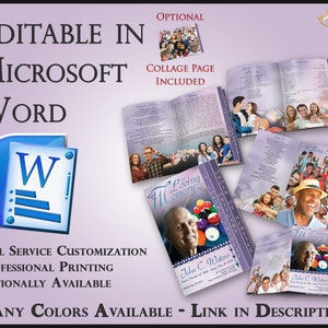 May include: Memorial service programs featuring family photos and text, customisable in Microsoft Word. The programs include a collage page and the text "In Loving Memory" and "John C. Waters". Many colours are available.