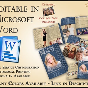 Op de afbeelding: Een blauwe en witte sjabloon voor een gedenkboek met de tekst "Loving Memory" en een foto van een vrouw. Het boek is bewerkbaar in Microsoft Word en bevat een collagepagina. De tekst "Many Colors Available - Link in Description" staat onderaan de afbeelding.