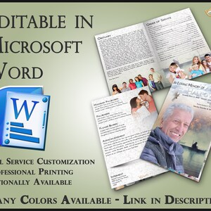 Op de afbeelding: Een sjabloon voor een begrafenisprogramma in Microsoft Word. Het programma bevat een foto van een man en een familiefoto. Het programma bevat secties voor een overlijdensbericht, een volgorde van de dienst, dragers, bloemdragers en bedankjes. Het programma is verkrijgbaar in vele kleuren.