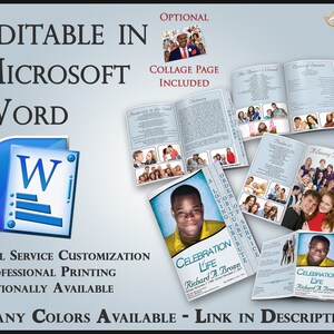 Op de afbeelding: Een blauwe en witte sjabloon voor een begrafenisprogramma voor Microsoft Word. De sjabloon bevat een collagepagina, een volgorde van de dienst, een overlijdensbericht en een liefdevolle eerbetoon. De sjabloon is aanpasbaar en kan professioneel worden afgedrukt.