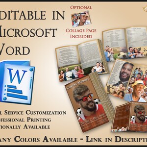 May include: A digital template for a memorial booklet with a collage page, editable in Microsoft Word. The booklet features a brown background with gold accents and a photo of a man wearing sunglasses. The text "Loving Memory" is printed on the cover. The booklet is available in many colours.