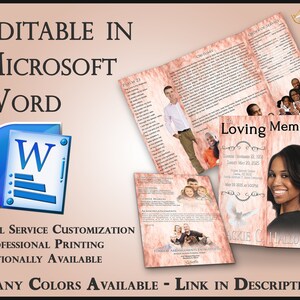 May include: A pink and white textured funeral program template with a photo of a woman and the text "In Loving Memory of Jackie C. Halloway". The program is editable in Microsoft Word and includes sections for obituary, order of service, and acknowledgements.