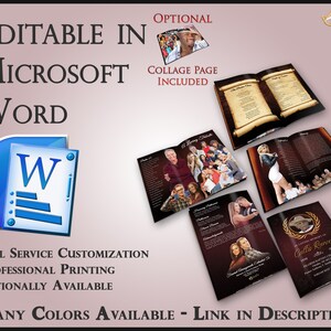 Può includere: Un modello di libretto commemorativo personalizzabile per Microsoft Word. Il modello include una pagina di collage, una varietà di layout e uno schema di colori marrone e oro. Il testo sulla copertina recita "In memoria di Callie Rancer".