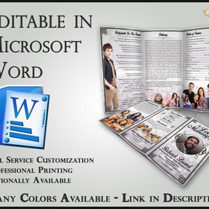 May include: A tri-fold funeral program template in a silver and white color scheme. The template is editable in Microsoft Word and features a photo of a man in a suit, a family photo, and a section for an obituary. The text "The Loving Memory of Richard Brand" is printed on the front cover.