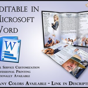 May include: A tri-fold funeral programme template with a blue background. The template is editable in Microsoft Word and features a photo of a person, a psalm, an obituary, and an order of service. The programme is available in many colours.