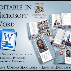 Op de afbeelding: Een blauwe en witte sjabloon voor een begrafenisprogramma dat kan worden bewerkt in Microsoft Word. De sjabloon bevat een collagepagina, een overlijdensbericht en een sectie voor "Ter nagedachtenis aan".