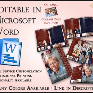 Op de afbeelding: Een rood en blauw gedenkboekje met een foto van een man op de omslag. Het boekje is getiteld "Loving Memory" en bevat de naam "John C. Waters". Het boekje is bewerkbaar in Microsoft Word en bevat een collagepagina. De tekst "Many Colors Available - Link in Description" staat onderaan de afbeelding.
