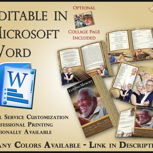 May include: A gold and brown memorial booklet with a collage page, editable in Microsoft Word. The booklet features a photo of a man smiling and the text "Loving Memory" and "Jeffrey C. Halloway".