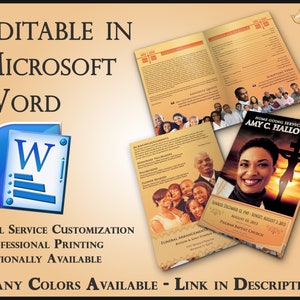 May include: A funeral programme template in Microsoft Word. The programme features a photo of a woman smiling, a cross, and a sunset. The text on the programme reads "Home Going Service for Amy C. Halloway".