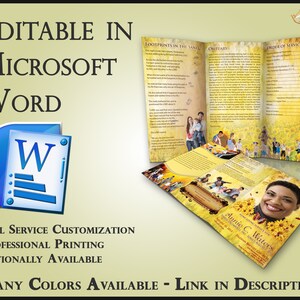 May include: A tri-fold funeral program template with a sunflower design. The program includes sections for "Footprints in the Sand", "Obituary", and "Order of Service". The template is editable in Microsoft Word and is available in many colors. The text on the front of the program reads "Home Going Service for Annie C. Waters" and "Footprints in the Sand".