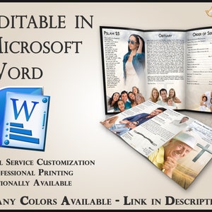 May include: A tri-fold funeral programme template featuring a photograph of a man wearing a hat on the front cover. The programme includes sections for a psalm, obituary, and order of service. The text "In Loving Memory of" is printed on the front cover. The programme is editable in Microsoft Word and available in a range of colours.