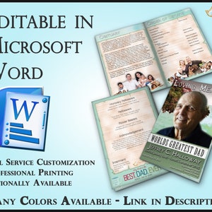Può includere: Un modello di servizio commemorativo modificabile in Microsoft Word, con un'icona di Microsoft Word. Il design include una foto di un uomo e della sua famiglia, con le parole "LOVING MEMORY" e "WORLD'S GREATEST DAD". Il testo "MANY COLORS AVAILABLE" è anche visibile.