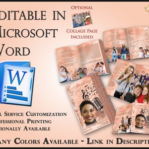 May include: Editable funeral program template in Microsoft Word. The template features a collage page, musical notes, and a photo of a person. The text "Celebrating a Life" is on the cover. The template is available in many colors.