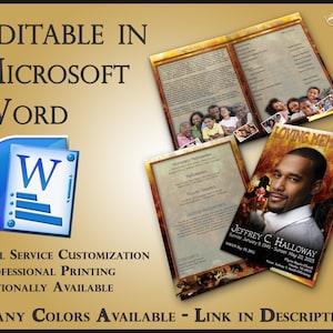 May include: A funeral programme template featuring a photograph of a man and the text "LOVING MEMORY JEFFREY C. HALLOWAY Sunrise January 9, 1945 - Sunset May 20, 2015". The programme is editable in Microsoft Word and has a gold background with a fire design.