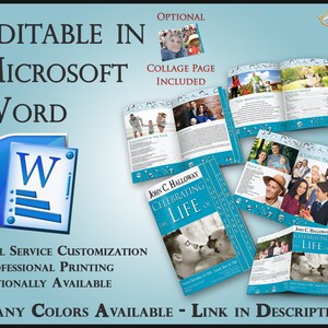 Peut inclure: Une icône Microsoft Word bleue et blanche avec le texte "Editable in Microsoft Word" au-dessus. L'image montre également un exemple de livret commémoratif avec le texte "Celebrating the Life of John C. Halloway" sur la couverture. Le livret est ouvert pour montrer une page de collage, une page avec l'Apôtre's Creed et une page avec un hommage affectueux. Le texte "Full Service Customization, Professional Printing Optionally Available, Many Colors Available - Link in Description" est sous l'icône Word.