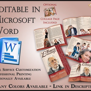 Op de afbeelding: Een rode en witte sjabloon voor een gedenkboek met de tekst "Memory Loving" en "Robert C. Waters" op de omslag. De sjabloon is bewerkbaar in Microsoft Word en bevat een collagepagina. Volledige aanpassing en professionele afdrukken zijn optioneel beschikbaar. Er zijn veel kleuren beschikbaar.