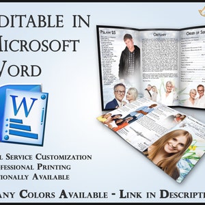 Puede incluir: Una plantilla de programa de funeral de tres pliegues con un fondo azul y blanco. La plantilla incluye una foto de un hombre, un salmo, un obituario y un orden de servicio. El texto de la plantilla es editable en Microsoft Word. La plantilla está disponible en muchos colores.