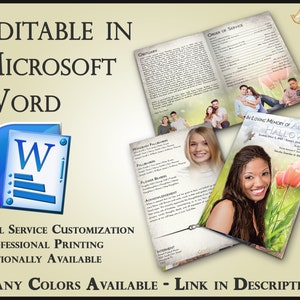 Peut inclure: Un modèle de programme de service commémoratif personnalisable, modifiable dans Microsoft Word. Le design comprend du texte et des photos d'exemple, ainsi que les mots "Modifiable dans Microsoft Word".