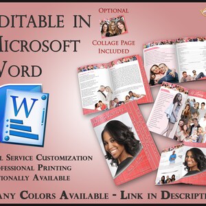 Op de afbeelding: Een roze en witte gedenkboek sjabloon met een collagepagina, bewerkbaar in Microsoft Word. De sjabloon bevat een foto van een vrouw met een liefdevolle herinneringsinscriptie. De tekst "Many Colors Available - Link in Description" is ook inbegrepen.