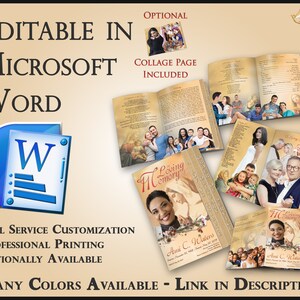 May include: A customizable funeral program template in a beige and gold color scheme with a collage page included. The template is editable in Microsoft Word and features a photo of a woman with the text "In Loving Memory".