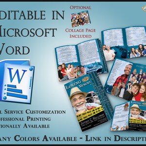 May include: A blue and white Microsoft Word icon with the text "Editable in Microsoft Word" above it. The image also shows a blue and white memorial booklet with the text "Loving Memory" and a photo of a man in a hat. The text "Full Service Customization, Professional Printing Optionally Available, Many Colors Available - Link in Description" is below the icon.