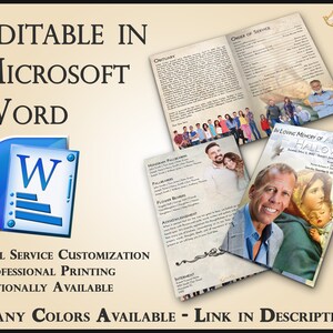 Può includere: Un modello di programma funebre in Microsoft Word con una foto di un uomo e un bambino. Il programma include un necrologio, un ordine di servizio e una sezione commemorativa. Il programma è personalizzabile e può essere stampato professionalmente.