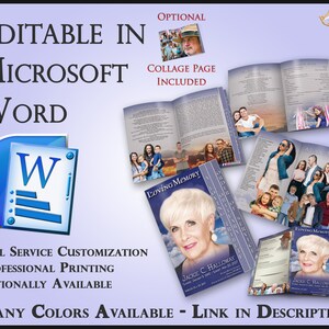 Può includere: Modello di libretto commemorativo modificabile in Microsoft Word. Il modello include una pagina di collage, il testo "Loving Memory" e una foto di una donna. Il libretto è disponibile in molti colori.