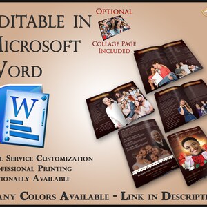 May include: A brown and black funeral program template with a collage page option. The program is editable in Microsoft Word and includes a photo of a woman with roses. The text on the program reads "Funeral Service for Mary C. Holloway".