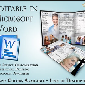 May include: A tri-fold funeral programme template with a photo of a woman on the front cover. The programme includes sections for a psalm, obituary, and order of service. The text "Editable in Microsoft Word" is displayed at the top of the image. The text "Full Service Customization, Professional Printing, Optionally Available" is displayed below the programme. The text "Many Colours Available - Link in Description" is displayed at the bottom of the image.
