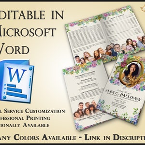 Può includere: Un modello di programma funebre floreale in Microsoft Word. Il programma presenta una foto di una donna in una cornice dorata circondata da fiori. Il testo "In Loving Memory of Alex C. Halloway" è in cima al programma.