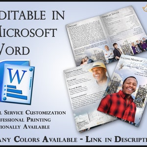 May include: A customizable funeral program template in Microsoft Word. The program features a gate with clouds and a dove, and a photo of a person. The text "In Loving Memory of Alex C. Halloway" is at the top of the program.