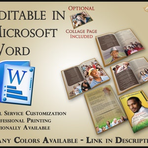 Puede incluir: Una plantilla digital para un folleto conmemorativo, editable en Microsoft Word. La plantilla incluye una página de collage, personalización completa e impresión profesional. La plantilla está disponible en muchos colores.