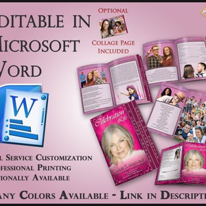 May include: A pink and white memorial booklet template with a collage page included. The template is editable in Microsoft Word and features a celebration of life theme. The booklet is customizable and can be printed professionally.