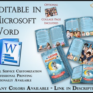 Op de afbeelding: Een blauwe en witte sjabloon voor een gedenkboek met een maan- en sterrenontwerp. Het boekje is bewerkbaar in Microsoft Word en bevat een collagepagina. De tekst op de omslag luidt "Ter nagedachtenis aan".