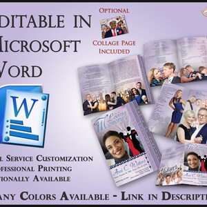 Op de afbeelding: Voorbeelden van gedenkdienstprogramma's, bewerkbaar in Microsoft Word. Het ontwerp bevat een collagepagina en is verkrijgbaar in vele kleuren. De tekst bevat "Loving Memory".