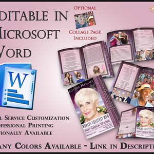 May include: A purple and white memorial booklet template for Microsoft Word. The cover features the text "World's Greatest Mum" and a photo of a woman. The booklet includes pages for photos, memories, and tributes.  The text "Editable in Microsoft Word" and "Many Colours Available - Link in Description" is also included.