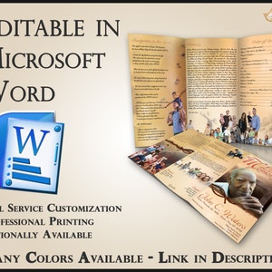 May include: A tri-fold funeral programme template featuring a photograph of an older man and a family photo. The template is editable in Microsoft Word and includes the text "Loving Memory" and "John C. Waters" on the front. The programme includes sections for "Order of Service", "Obituary", and "Thoughts on the Heart".