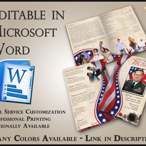 Può includere: Un modello di programma funebre piegato con un design di bandiera americana rosso, bianco e blu. Il programma include sezioni per il necrologio, i portatori onorari, il servizio militare e la sepoltura. Il programma è modificabile in Microsoft Word ed è disponibile in molti colori.