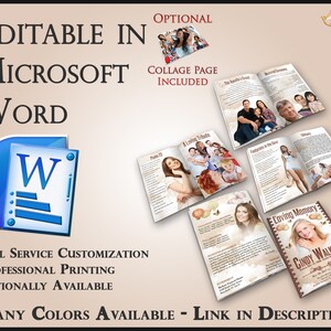 Può includere: Un libretto commemorativo marrone e bianco con una pagina di collage, un tributo d'amore e una sezione di ricordi. Il libretto è modificabile in Microsoft Word e include una pagina di collage. Il libretto è disponibile in molti colori.