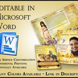 May include: A yellow and brown funeral program template with a photo of a woman and the text "Homegoing Service for Annie C. Waters". The program is editable in Microsoft Word and includes a full service customization and professional printing option.