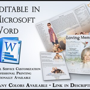 May include: A tri-fold funeral program template in a light blue color scheme with a hummingbird and birdhouse illustration. The template is editable in Microsoft Word and includes sections for an obituary, order of service, and loving memory. The program features a photo of a woman and the text "Loving Memory".