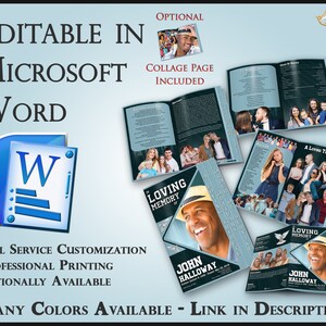 Op de afbeelding: Een blauwe en witte gedenkboek sjabloon voor Microsoft Word. De sjabloon bevat een collagepagina, een sectie met liefdevolle herinneringen en een eerbetoonpagina. De sjabloon is aanpasbaar en kan professioneel worden afgedrukt.