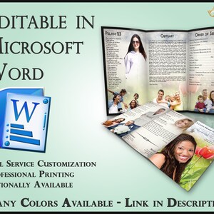 Peut inclure: Un modèle de programme funéraire à trois volets avec un motif floral et une photo d'une femme. Le programme comprend des sections pour un psaume, un avis de décès et l'ordre du service. Le texte "Editable dans Microsoft Word" est affiché en haut de l'image. Le texte "Personnalisation complète, impression professionnelle, disponible en option" est affiché sous le programme. Le texte "De nombreuses couleurs disponibles - Lien dans la description" est affiché en bas de l'image.
