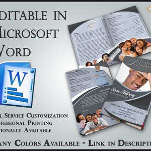 Può includere: Un design digitale per un servizio commemorativo, modificabile in Microsoft Word. Presenta layout di esempio con foto e testo, con le parole "Personalizzazione completa" e "Molti colori disponibili - Link nella descrizione."