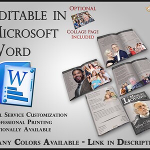 Può includere: Un modello di libretto commemorativo personalizzabile in formato Microsoft Word. Il libretto include una pagina di collage, una sezione dedicata ai ricordi d'amore e una copertina personalizzata con una foto del defunto. Il libretto è disponibile in molti colori.