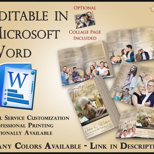 May include: A digital template for a memorial booklet, editable in Microsoft Word. The template features a collage page, a loving memory section, and a section for a person's obituary. The template is available in many colours.