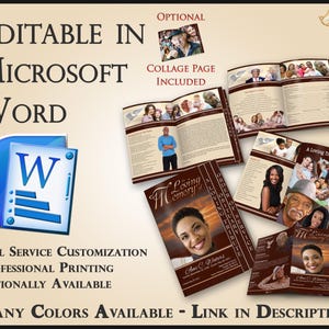 May include: A collection of memorial service templates, including brochures and booklets, with the text "Editable in Microsoft Word." The designs feature photos and the words "A Loving Memory" and "A Loving Tribute."